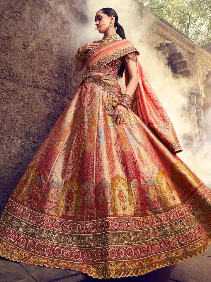 Wedding Wear Peach Embroidery With Sequins Umbrella Lehenga choli - VJV Now