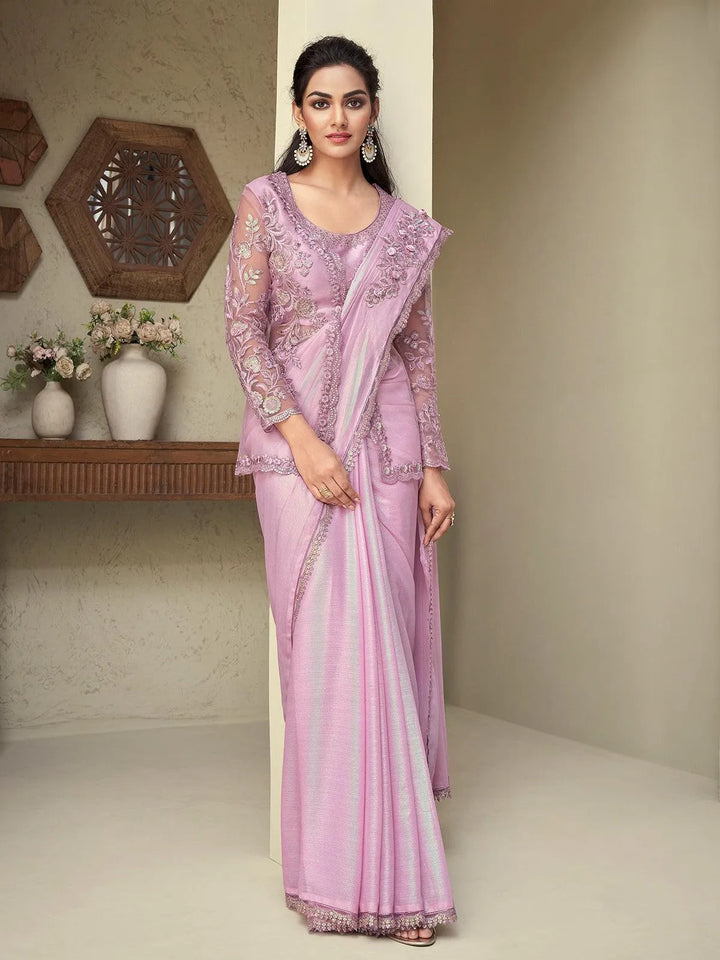 Wedding Wear Pink Embroidered Border Chiffon Silk Saree - VJV Now