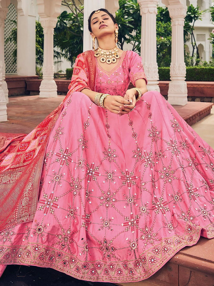 Wedding Wear Pink Georgette Embroidered Umbrella Lehenga Choli - VJV Now