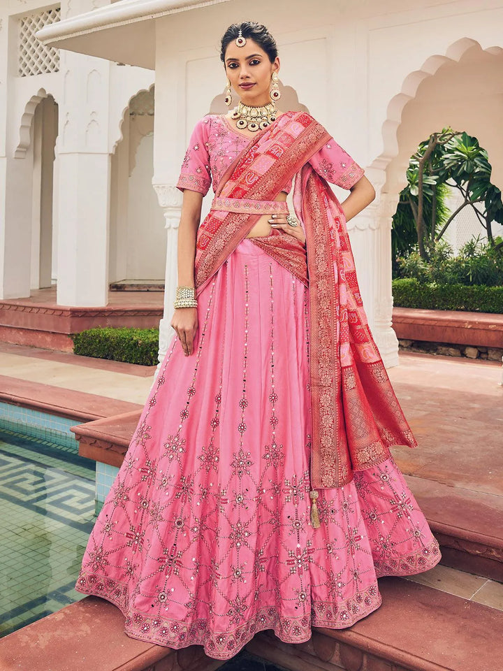 Wedding Wear Pink Georgette Embroidered Umbrella Lehenga Choli - VJV Now