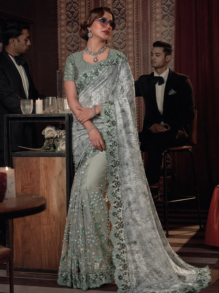 Wedding Wear Pista Green Embroidered Net Saree With Sequence Pallu Moti & Flower Heavy Work - VJV Now