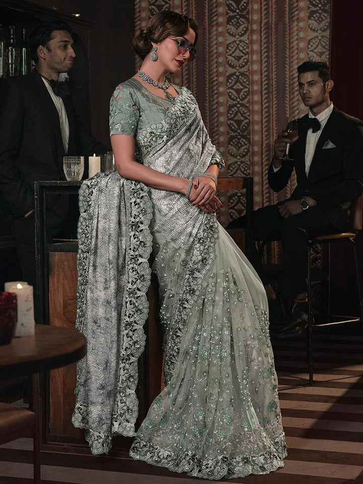 Wedding Wear Pista Green Embroidered Net Saree With Sequence Pallu Moti & Flower Heavy Work - VJV Now