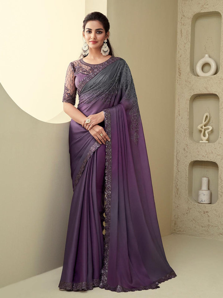 Wedding Wear Purple Embroidered Border Chiffon Silk Saree - VJV Now