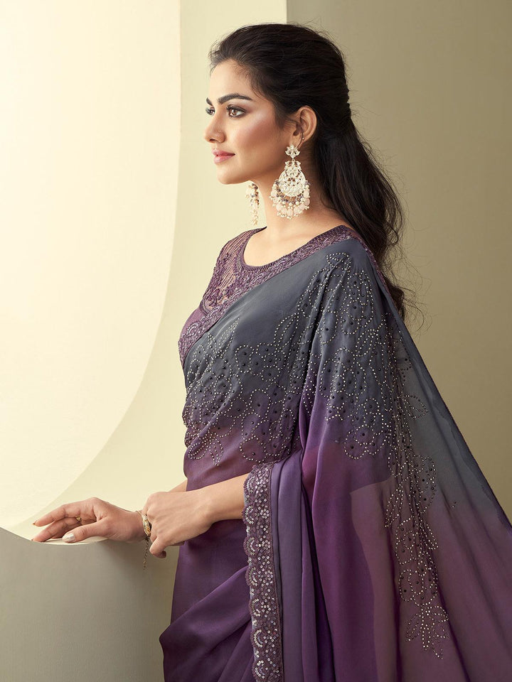 Wedding Wear Purple Embroidered Border Chiffon Silk Saree - VJV Now