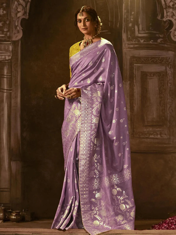 Wedding Wear Purple Georgette Banarasi Dola Silk Saree - VJV Now