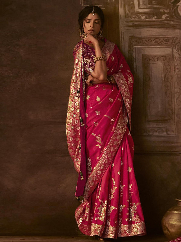 Wedding Wear Rani Pink Georgette Banarasi Dola Silk Saree - VJV Now