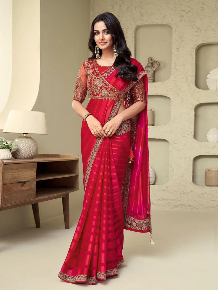 Wedding Wear Red Embroidered Border Chiffon Silk Saree - VJV Now