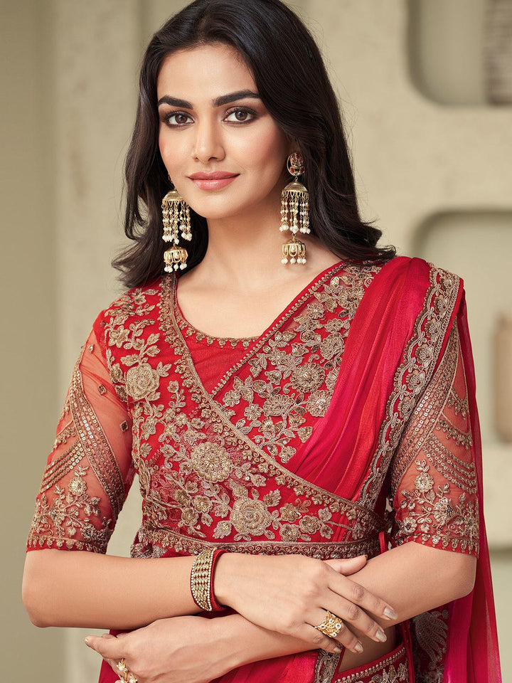 Wedding Wear Red Embroidered Border Chiffon Silk Saree - VJV Now