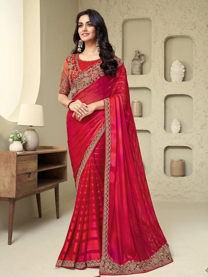 Wedding Wear Red Embroidered Border Chiffon Silk Saree - VJV Now