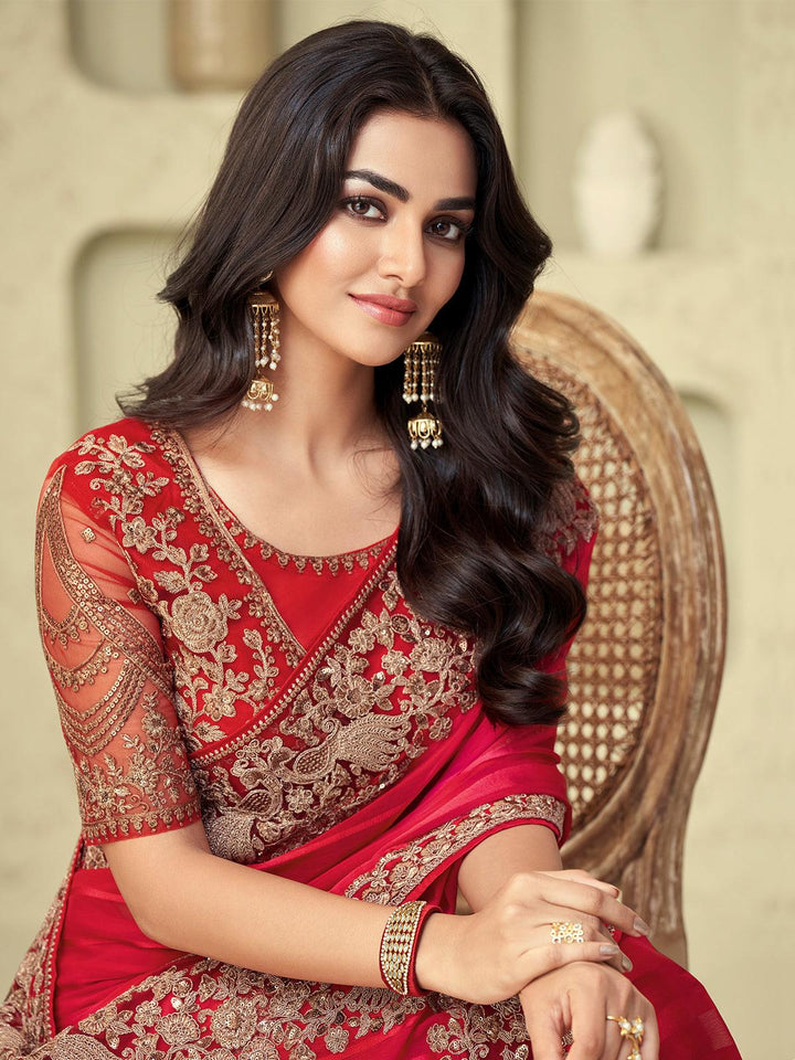 Wedding Wear Red Embroidered Border Chiffon Silk Saree - VJV Now