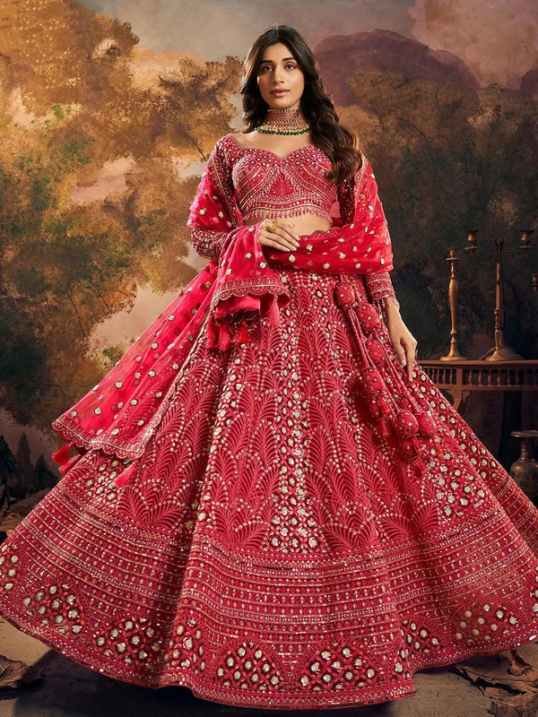 Wedding Wear Red Net Embroidered Umbrella Lehenga Choli - VJV Now