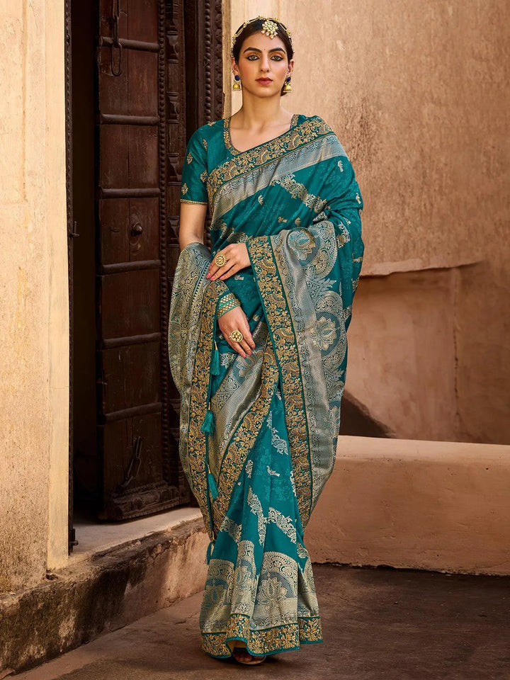 Wedding Wear Sea Blue Banarasi Silk Saree - VJV Now