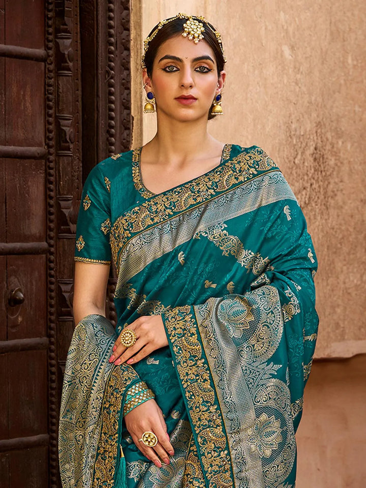 Wedding Wear Sea Blue Banarasi Silk Saree - VJV Now