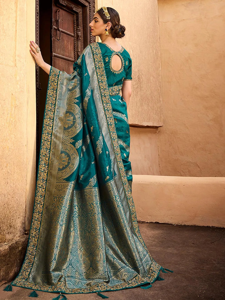 Wedding Wear Sea Blue Banarasi Silk Saree - VJV Now