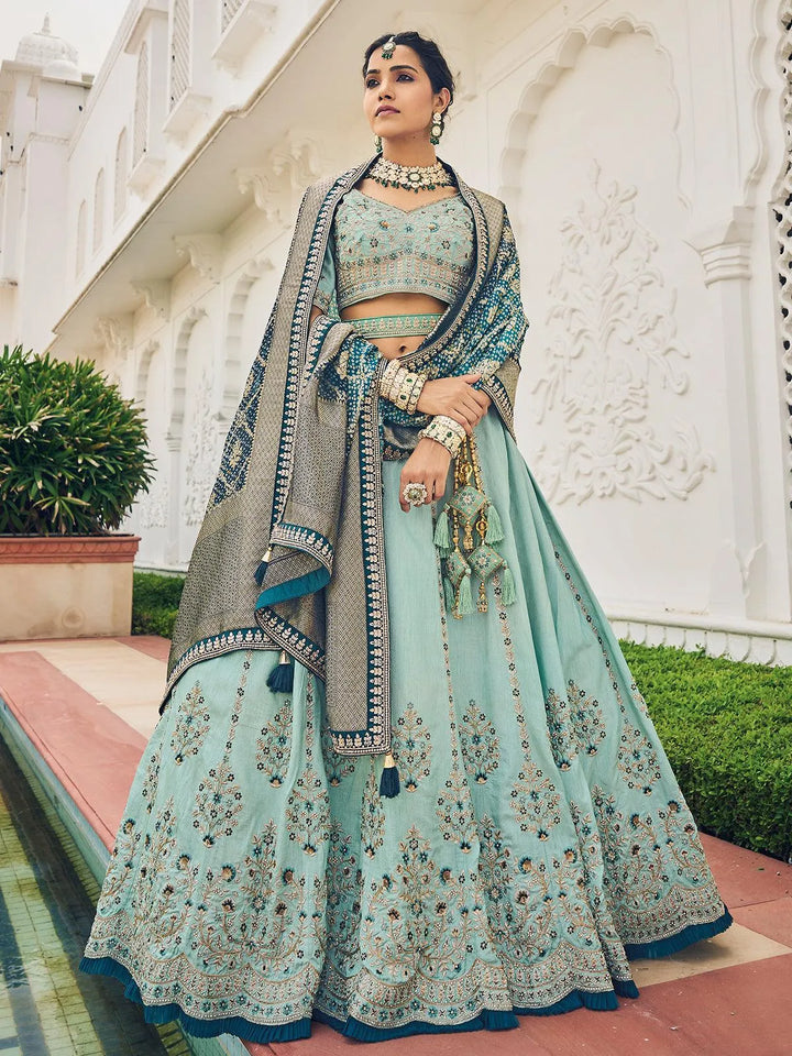 Wedding Wear Sea Blue Georgette Embroidered Umbrella Lehenga Choli - VJV Now