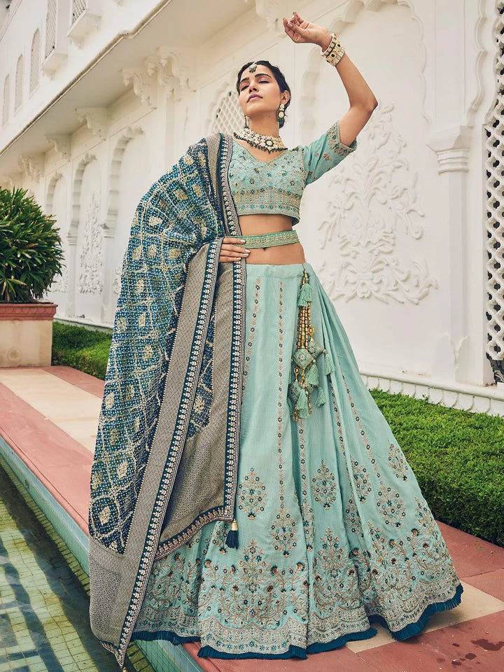 Wedding Wear Sea Blue Georgette Embroidered Umbrella Lehenga Choli - VJV Now