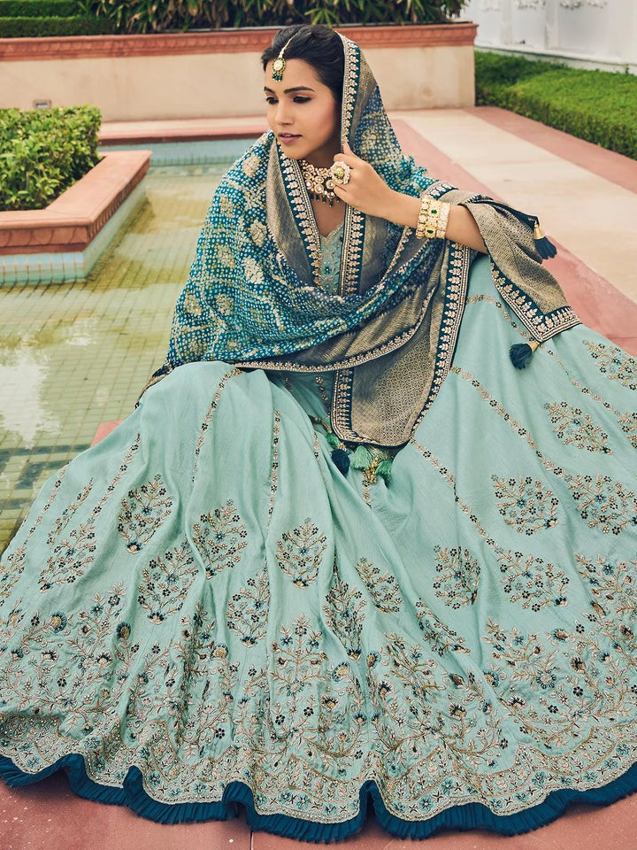 Wedding Wear Sea Blue Georgette Embroidered Umbrella Lehenga Choli - VJV Now