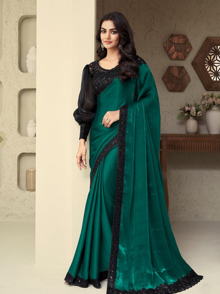 Wedding Wear Sea Green Embroidered Border Chiffon Silk Saree - VJV Now
