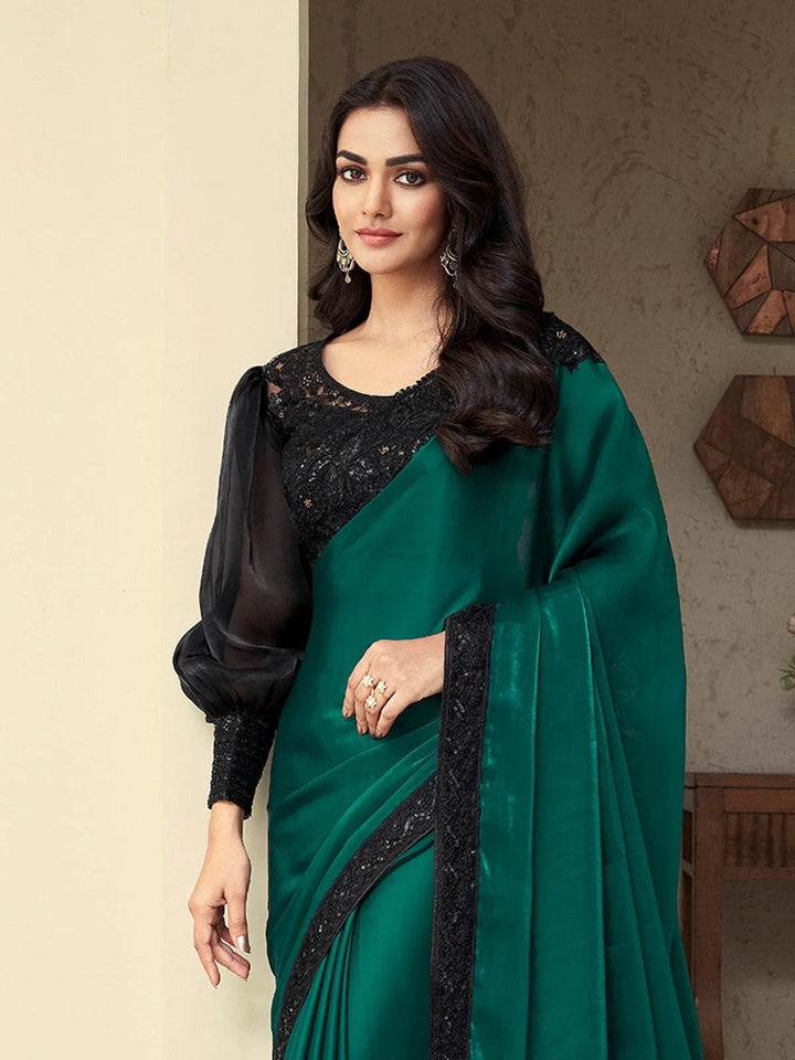 Wedding Wear Sea Green Embroidered Border Chiffon Silk Saree - VJV Now