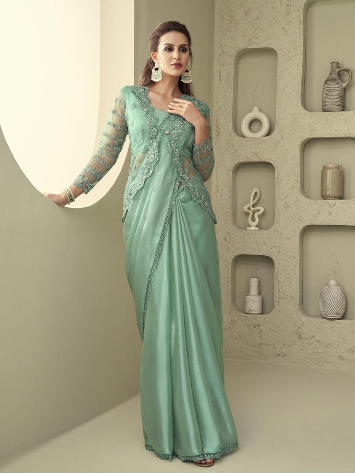 Wedding Wear Sea Green Embroidered Border Chiffon Silk Saree - VJV Now