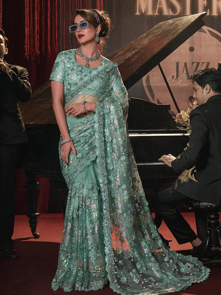 Wedding Wear Sea Green Embroidered Net Saree With Sequence Moti & Flower Heavy Work - VJV Now