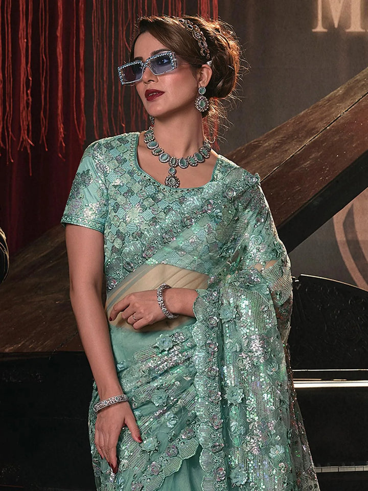 Wedding Wear Sea Green Embroidered Net Saree With Sequence Moti & Flower Heavy Work - VJV Now