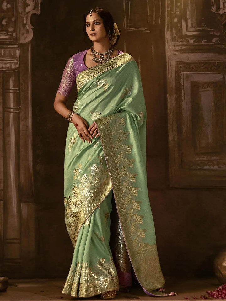 Wedding Wear Sea Green Georgette Banarasi Dola Silk Saree - VJV Now