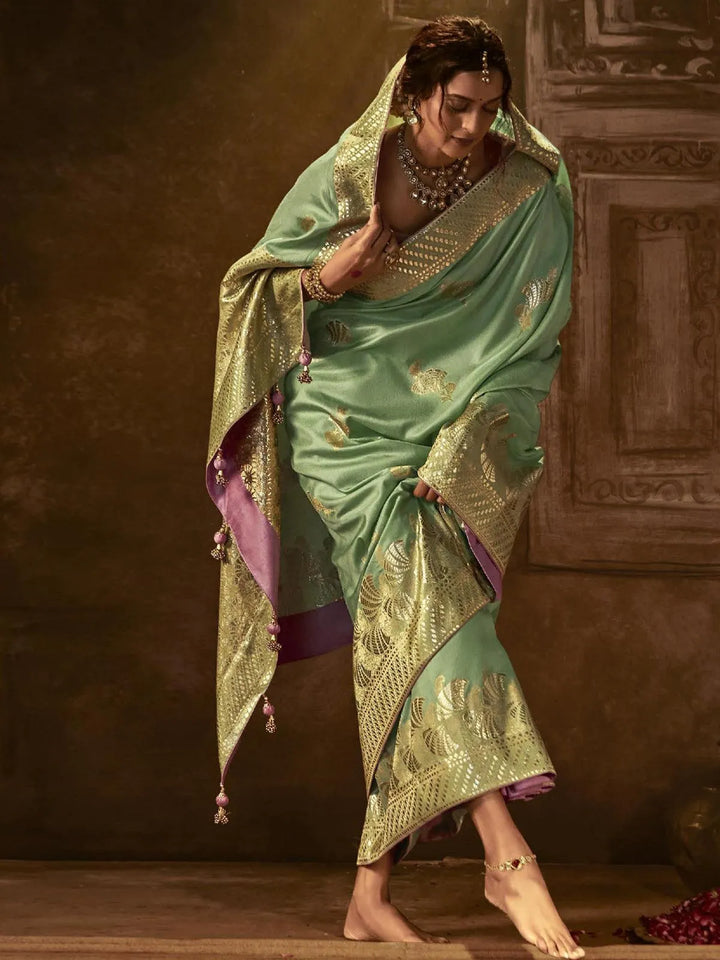 Wedding Wear Sea Green Georgette Banarasi Dola Silk Saree - VJV Now