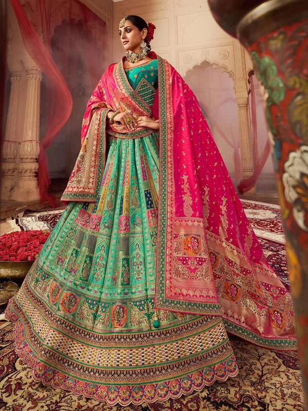 Wedding Wear Sea Green Sequins Embroidered Silk Bridal Lehenga Choli - VJV Now