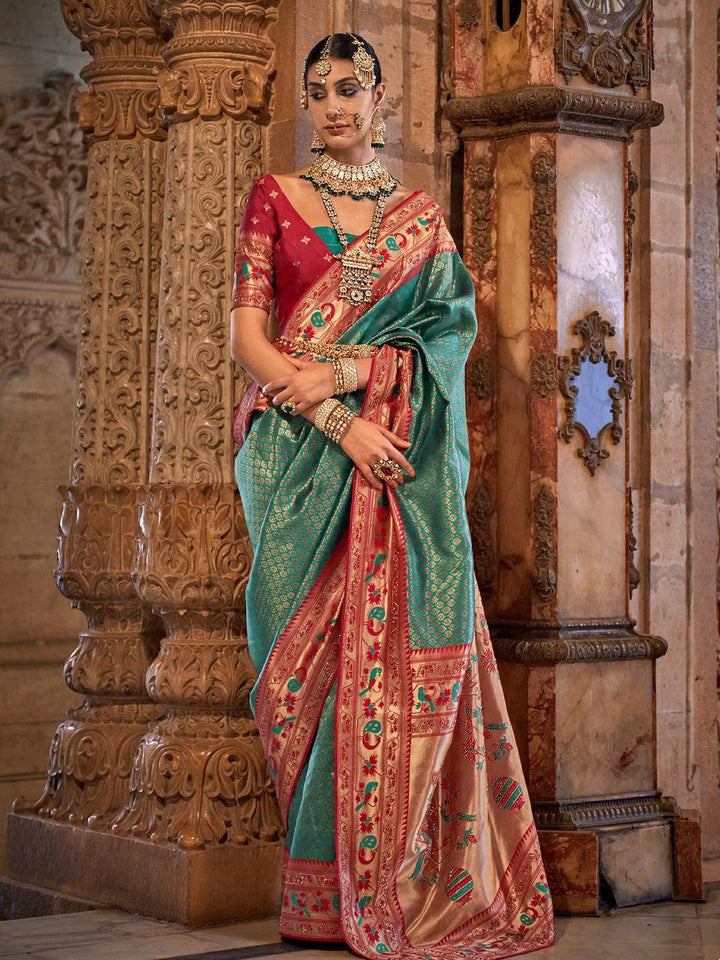 Wedding Wear Sea Green Woven Banarasi Silk Saree - VJV Now