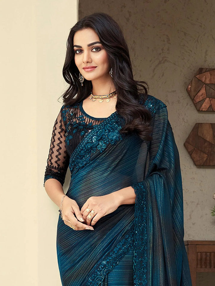 Wedding Wear Teal Blue Embroidered Border Chiffon Silk Saree - VJV Now