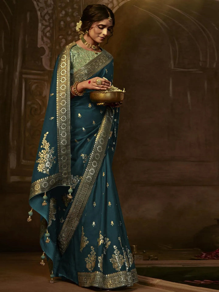 Wedding Wear Teal Blue Georgette Banarasi Dola Silk Saree - VJV Now