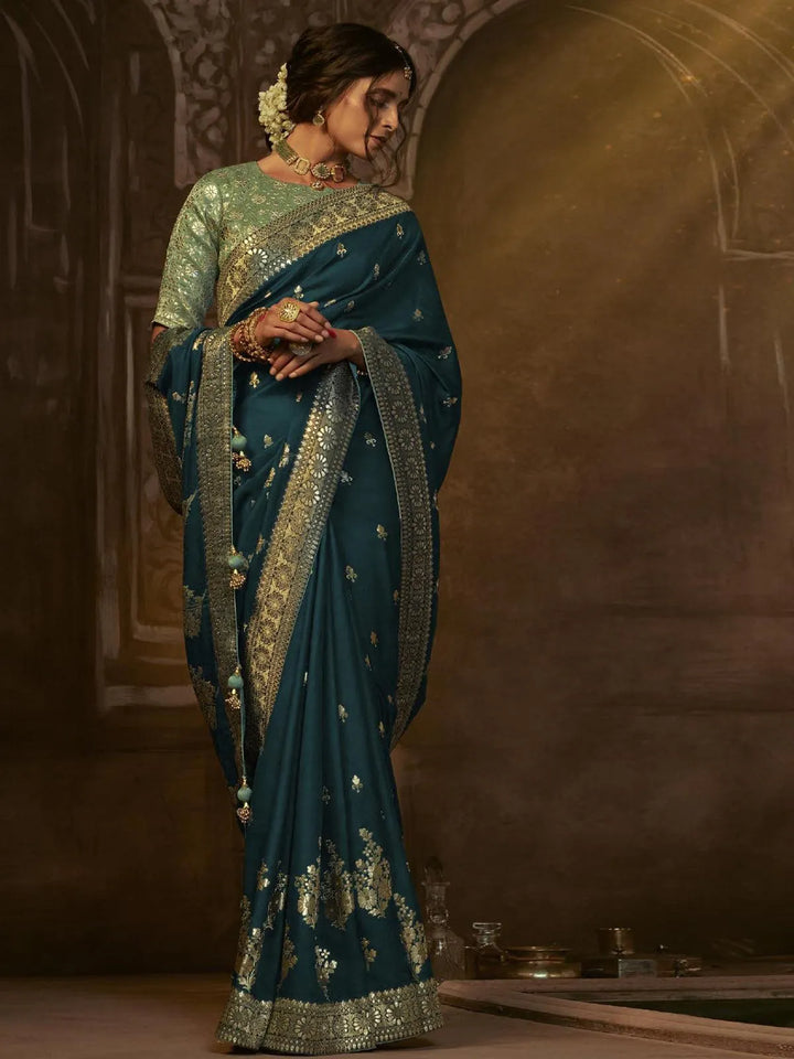 Wedding Wear Teal Blue Georgette Banarasi Dola Silk Saree - VJV Now