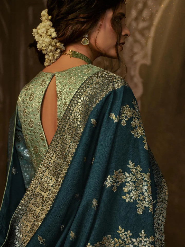 Wedding Wear Teal Blue Georgette Banarasi Dola Silk Saree - VJV Now