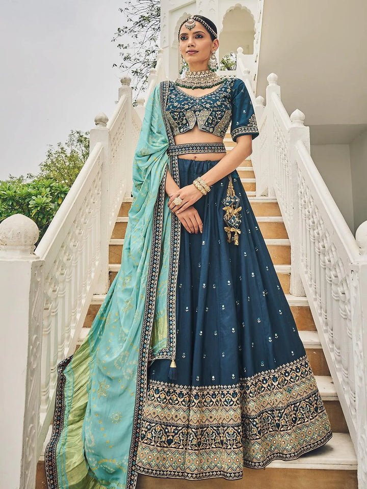 Wedding Wear Teal Blue Georgette Embroidered Umbrella Lehenga Choli - VJV Now