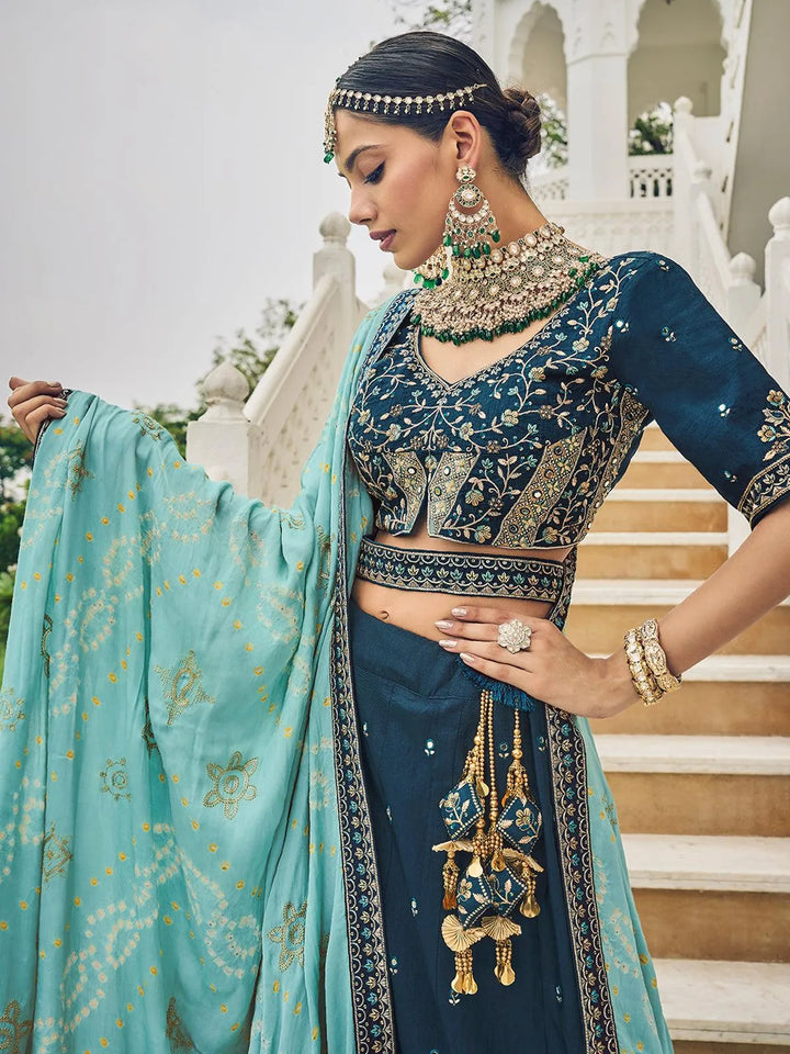 Wedding Wear Teal Blue Georgette Embroidered Umbrella Lehenga Choli - VJV Now