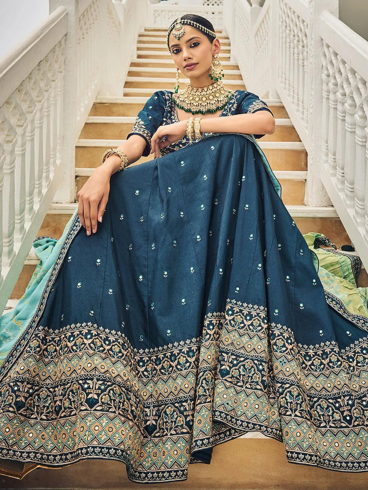 Wedding Wear Teal Blue Georgette Embroidered Umbrella Lehenga Choli - VJV Now