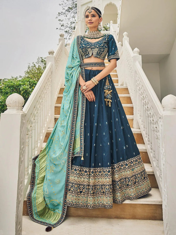 Wedding Wear Teal Blue Georgette Embroidered Umbrella Lehenga Choli - VJV Now