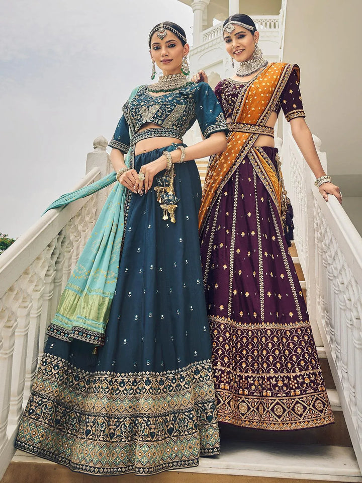 Wedding Wear Teal Blue Georgette Embroidered Umbrella Lehenga Choli - VJV Now