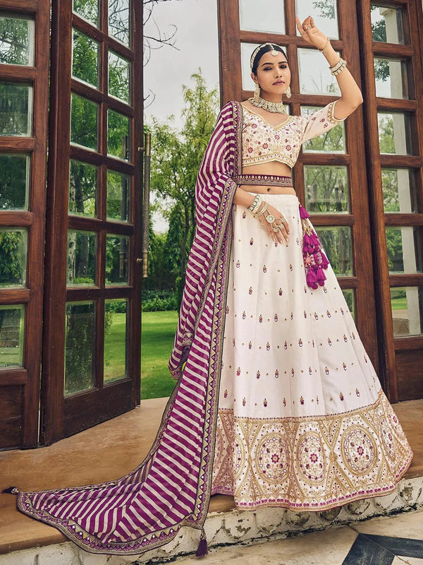 Wedding Wear White Georgette Embroidered Umbrella Lehenga Choli - VJV Now