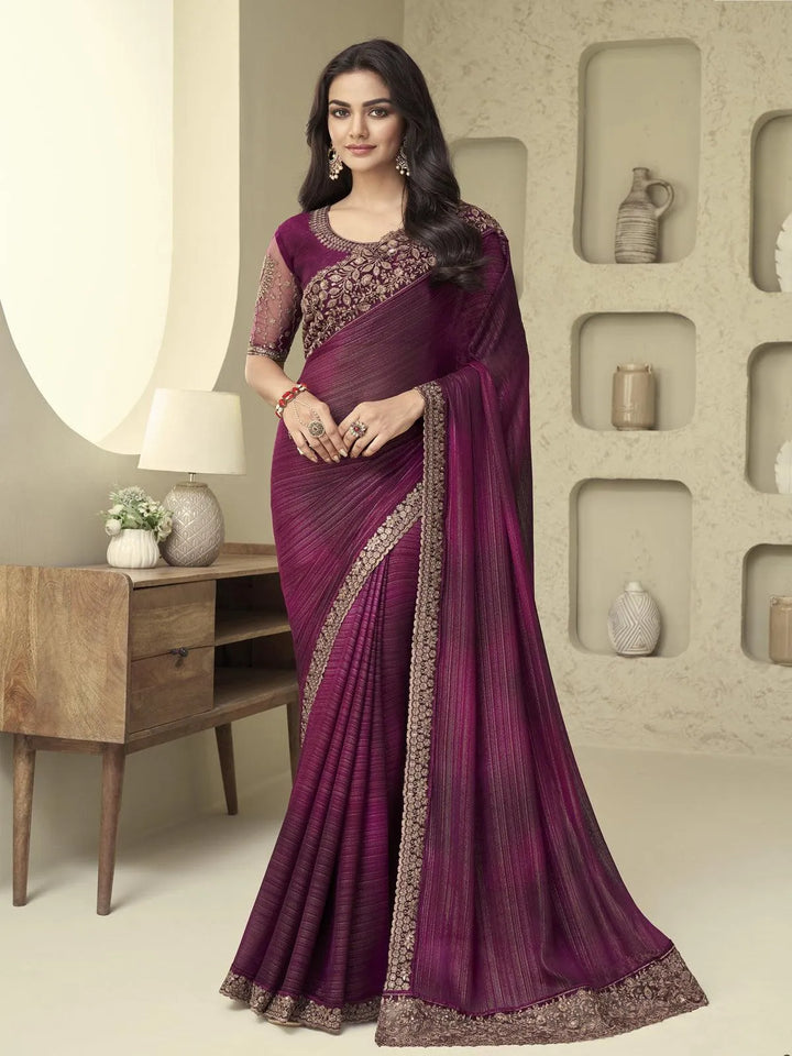 Wedding Wear Wine Embroidered Border Chiffon Silk Saree - VJV Now