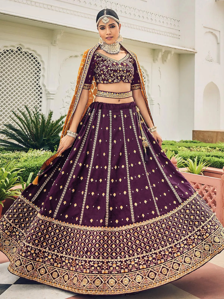 Wedding Wear Wine Georgette Embroidered Umbrella Lehenga Choli - VJV Now