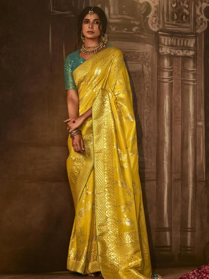 Wedding Wear Yellow Georgette Banarasi Dola Silk Saree - VJV Now