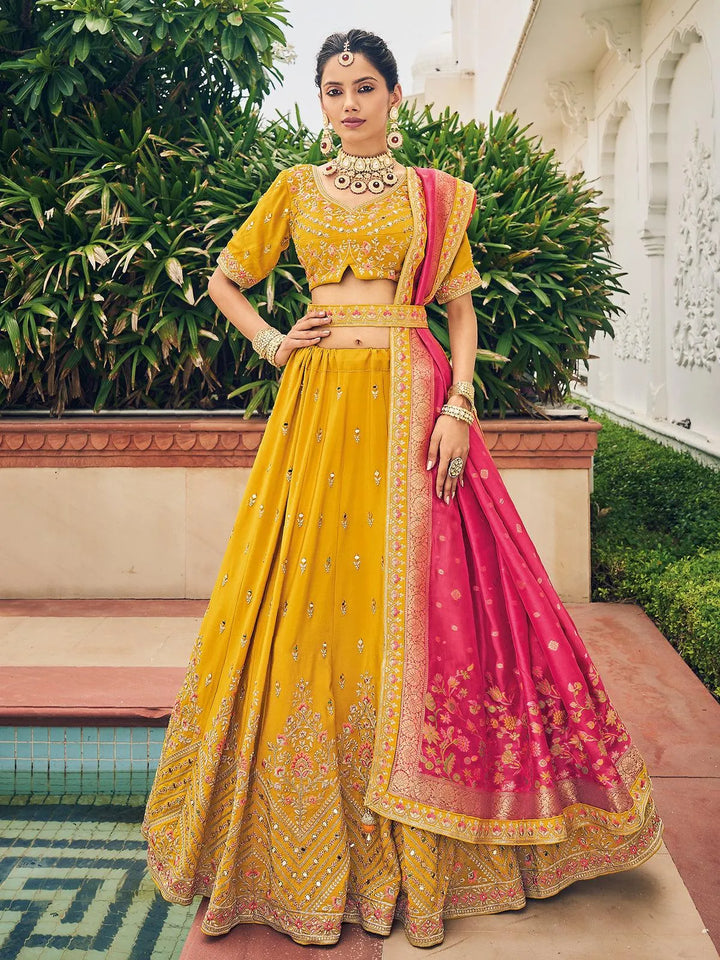 Wedding Wear Yellow Georgette Embroidered Umbrella Lehenga Choli - VJV Now