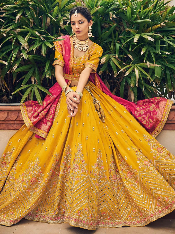 Wedding Wear Yellow Georgette Embroidered Umbrella Lehenga Choli - VJV Now