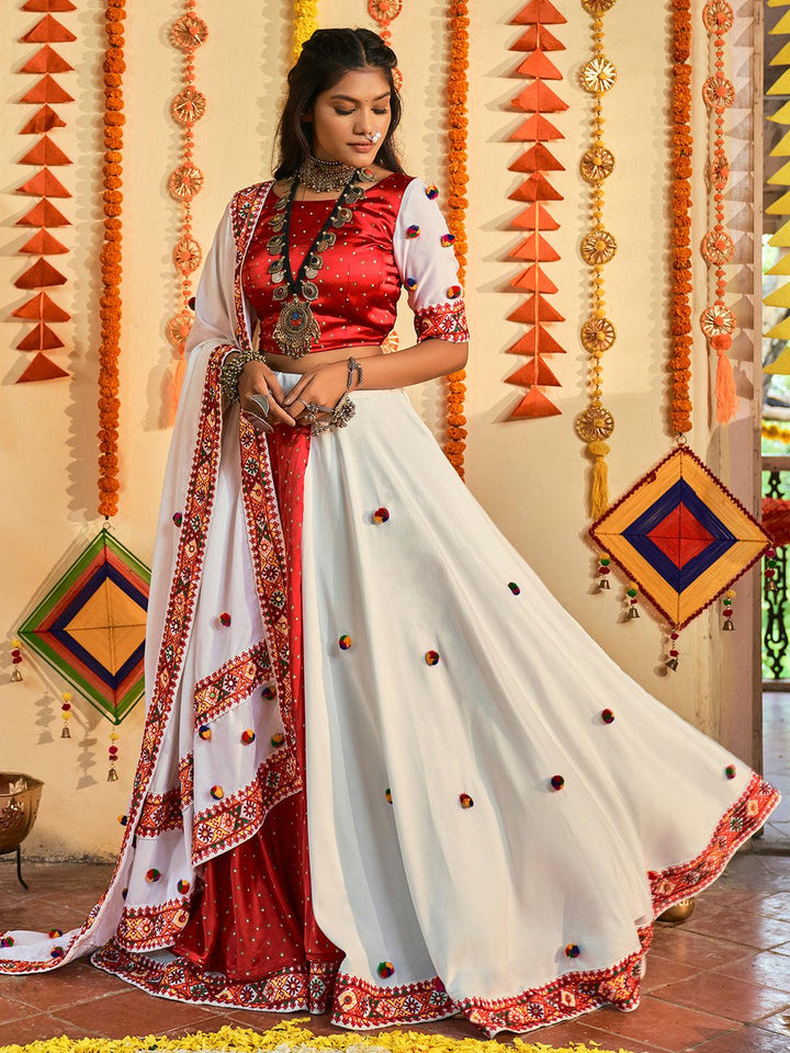White & Red Maslin Cotton Thread Embroidered Navratri Lehenga - VJV Now