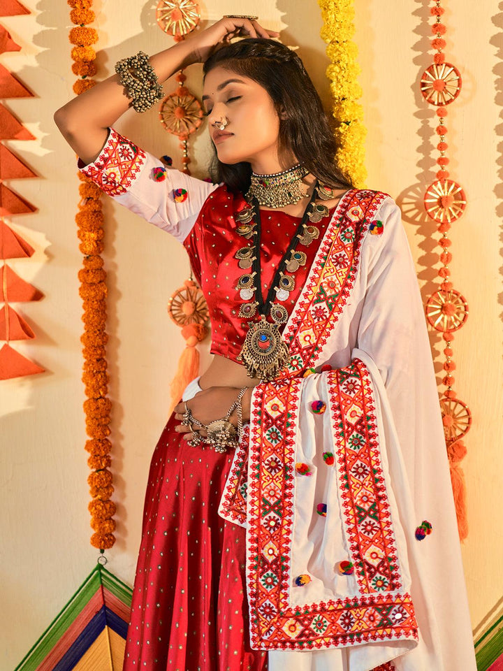White & Red Maslin Cotton Thread Embroidered Navratri Lehenga - VJV Now