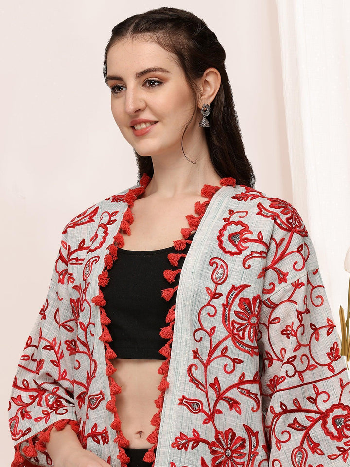 White and sea green organic cotton long fancy embroidered ethnic jacket - VJV Now
