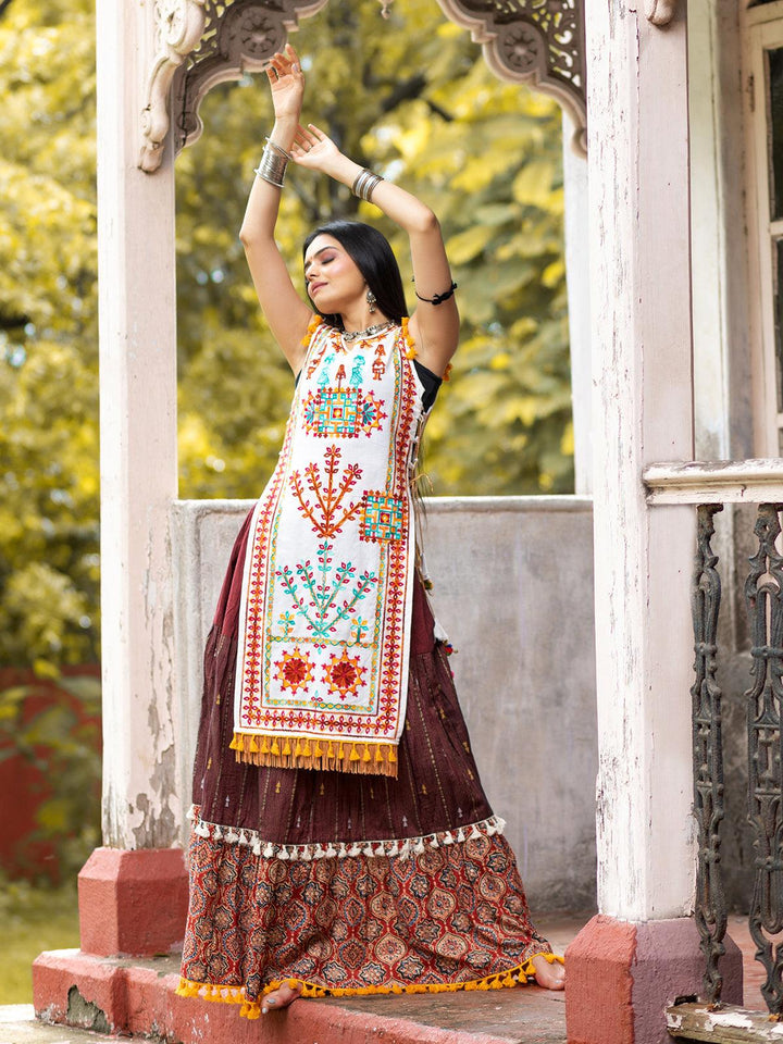 White Color aari Work Embroidery Top with Brown color readymade Lehenga skirt - VJV Now