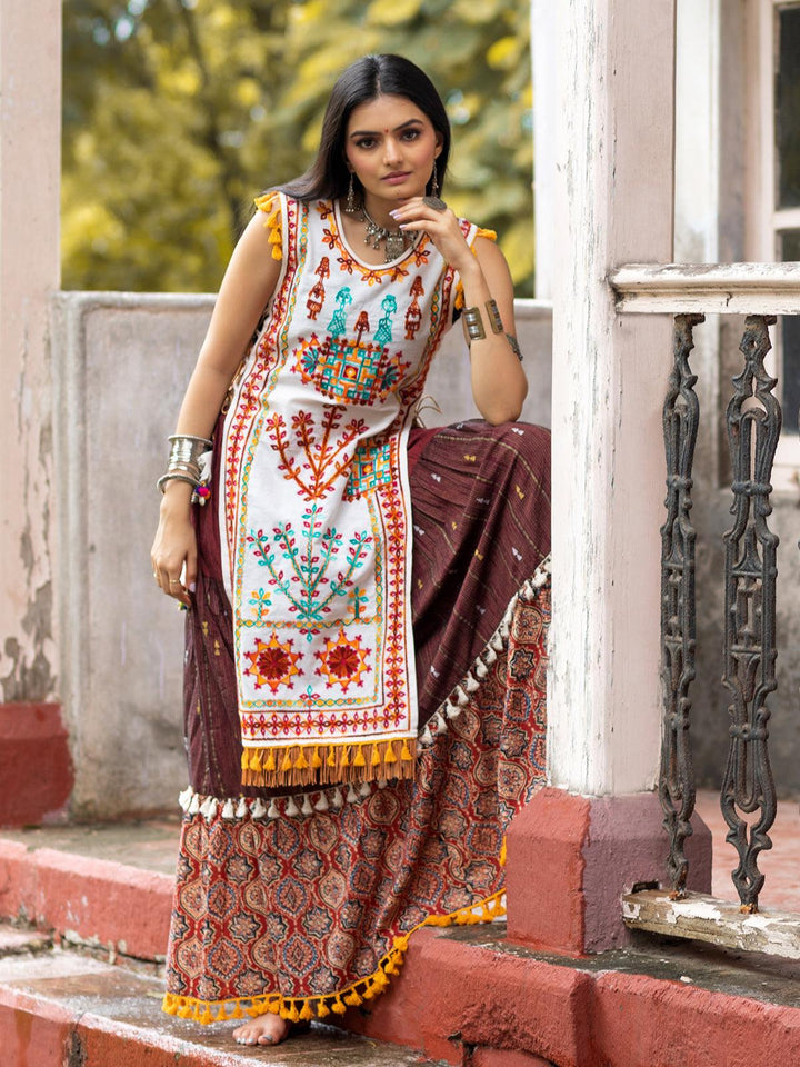 White Color aari Work Embroidery Top with Brown color readymade Lehenga skirt - VJV Now